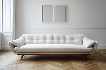 White sofa in minimalist living room. Wooden parquet floors. Light, airy interior design. Empty room with two framed artworks. Cosy, serene atmosphere. Scandinavian Parisian style. Modern apartment.