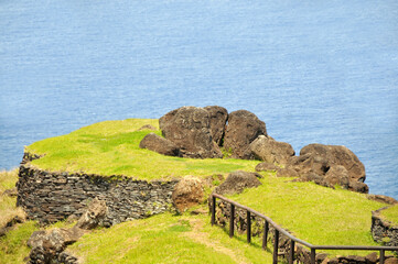 Rano Kau and ceremonial village of Orongo on Easter Island, Chile