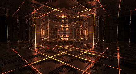 Cyberpunk Futuristic Room: Orange Neon Grid, Sci-Fi Architecture, 3D Render