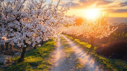 Sunlit Path Through a Blossoming Almond Orchard at Sunset