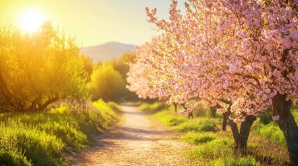 Naklejka premium A Sunlit Path Lined with Pink-Blossomed Trees