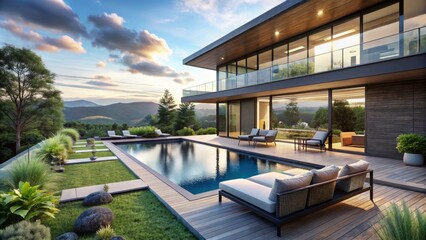 Fototapeta premium Modern House with Swimming Pool and Lounge Chairs Overlooking Lush Green Landscape in a Scenic Setting
