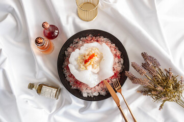 Scallop Tartare with Lychee Sorbet and Salmon Roe on Ice