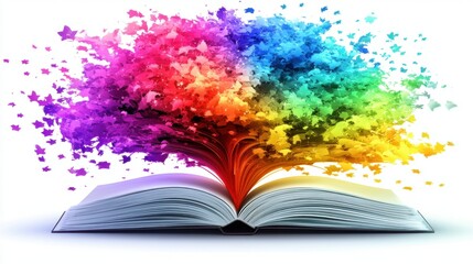 Open Book with Colorful Explosion of Butterflies and Leaves Representing Creativity, Imagination, and the Power of Reading in a Vibrant Artistic Style