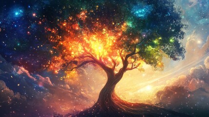 A Glowing Tree with Twisted Branches Under a Starry Sky