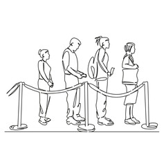One continuous single drawing line art flat doodle queue behind the barrier tape, queue at the airport, people at the bank. Isolated image hand draw contour on a white background, hand drawn, not AI