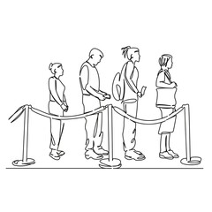 One continuous single drawing line art flat doodle queue behind the barrier tape, queue at the airport, people at the bank. Isolated image hand draw contour on a white background, hand drawn, not AI