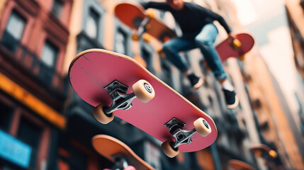 Dynamic urban scene with multiple skateboarders performing tricks in the air between tall buildings