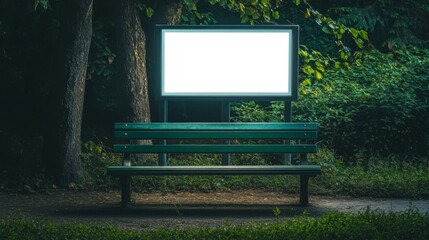 Obraz premium A Blank Billboard Beside a Bench in a Park at Night
