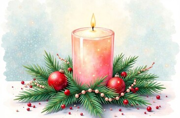 a series of burning candles on a festive New Year's table on the background of a Christmas tree, a window or a wreath of fir branches decorated with Christmas balls, cookies or fruits
