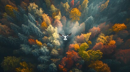 Soaring bird over vibrant forest
