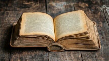 Obraz premium Antique Open Book with Yellowed Pages on Rustic Wooden Table Capturing the Essence of Historical Literature and Vintage Aesthetics in a Soft Natural Light
