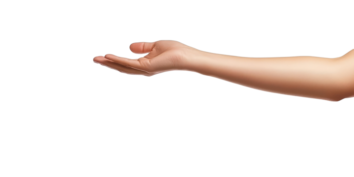 young female flat hand holding something, isolated on white or transparent