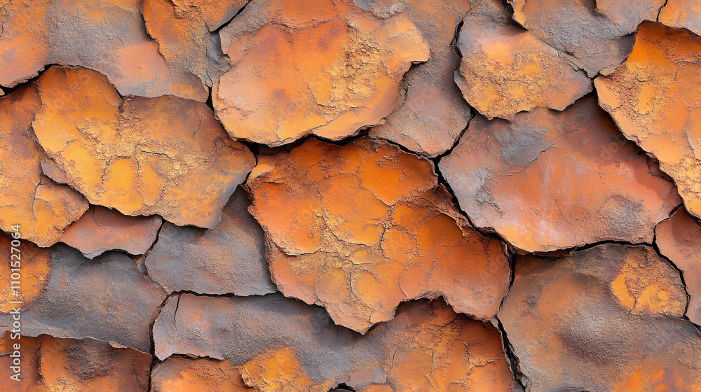 Poster close-up view of heavily rusted metal surface. the rust is cracked and layered, creating a textured,