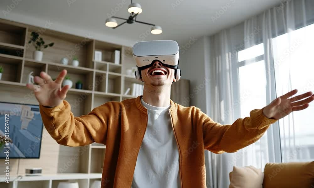 Poster a man wearing a virtual reality headset enthusiastically interacts with a virtual environment in a c