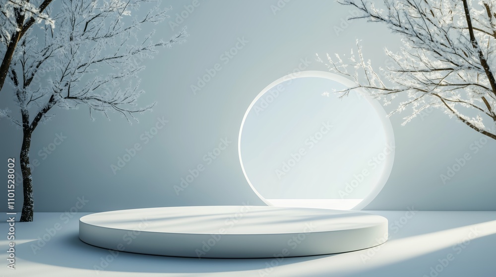 Poster minimalist winter landscape featuring a circular light source and a reflective platform