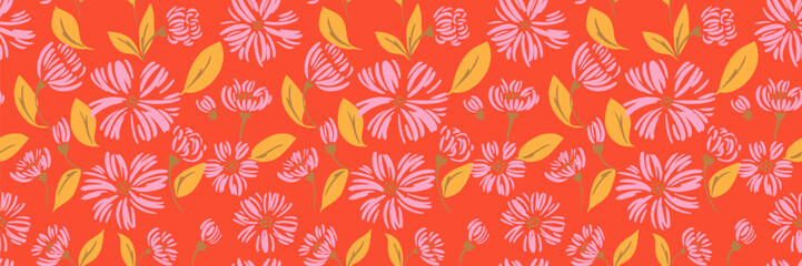 Colorful seamless floral pattern featuring hand-drawn flowers with leaves on a red background. Plain print design for textiles, wallpapers, and packaging, summer inspired aesthetic.