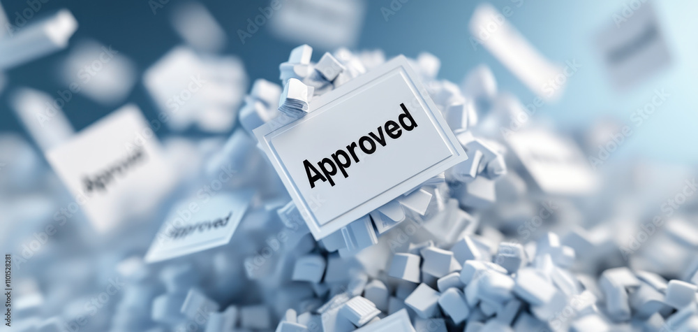 Aufkleber approved documents pile, showcasing sense of organization and success. scattered papers create dynam