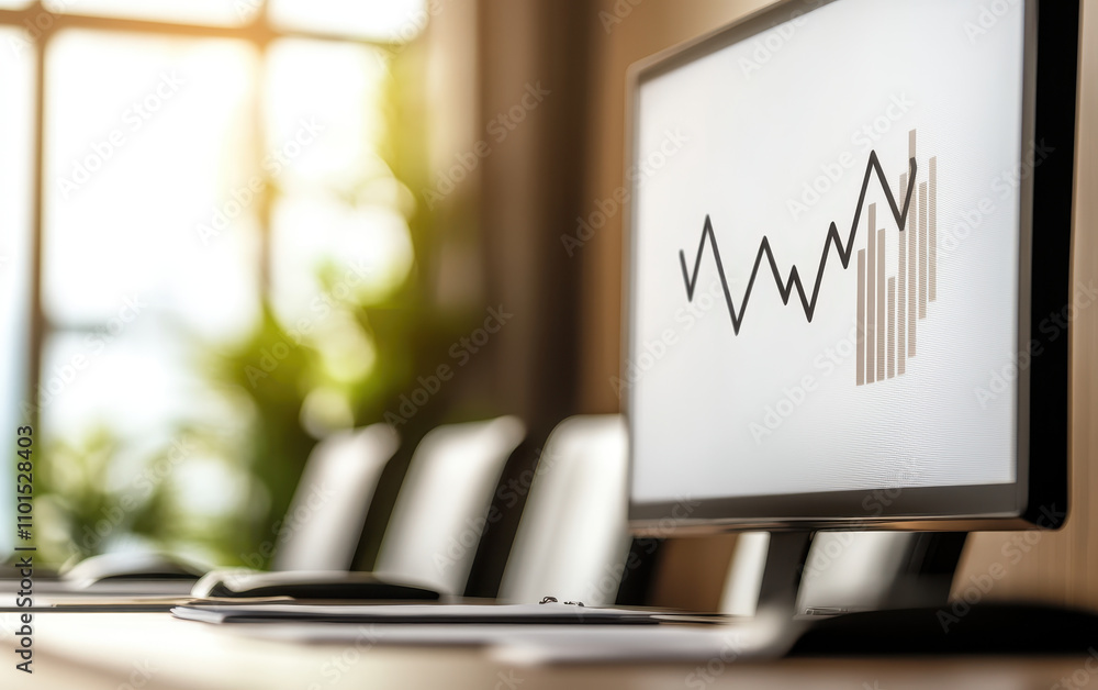 Poster modern office setup featuring computer monitor displaying financial graph, symbolizing growth and pr