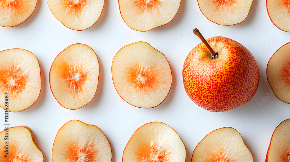 Poster a vibrant red pear sits among its sliced counterparts, creating a visually appealing pattern against