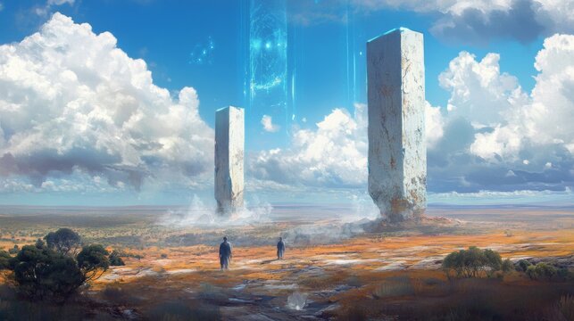 Two Tall, Weathered Structures in a Vast, Desolate Landscape with a Glowing Orb in the Sky