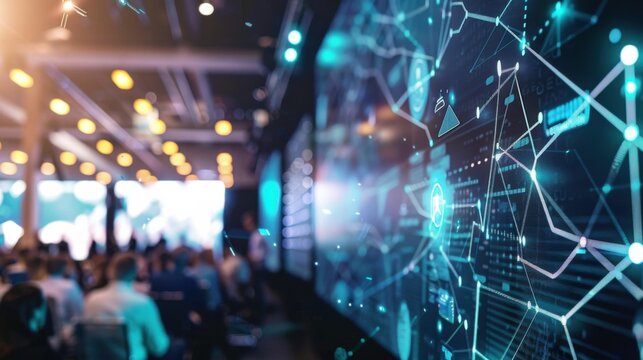 A tech industry summit with experts discussing emerging technologies, networking opportunities, and interactive tech showcases in a state-of-the-art conference hall
