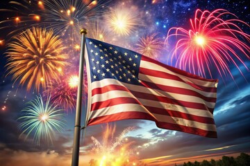 Realistic 3D Design Featuring American Flag and Vibrant Fireworks for Patriot Day Celebration, Capturing the Spirit of Freedom and Unity in a Stunning Visual Display