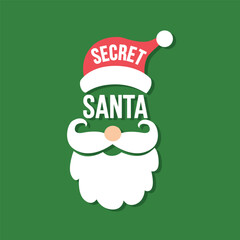 Secret Santa face card or sticker design. Vector flat illustration of Santa costume.