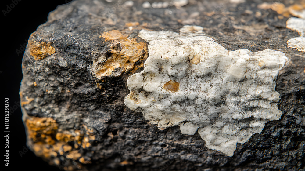 Poster close-up of a dark rock surface with patches of light-colored lichen or mineral deposits. the textur