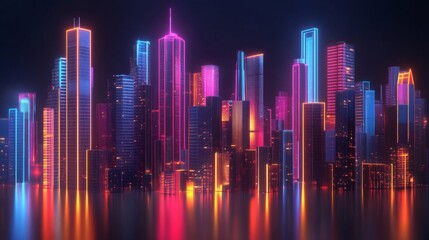 Fototapeta premium Neon Cityscape with Reflections in Water
