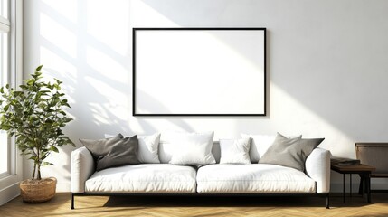 Modern Living Room Interior with White Sofa and Black Frame Artwork