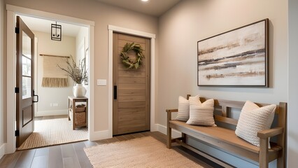 Rustic Farmhouse Entryway abstract Art and Rustic Elegance wooden bench and abstract art, creating a modern yet rustic aesthetic that defines the entryway's elegant and simple design.
