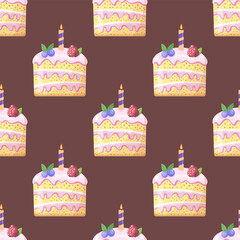 Seamless Pattern of  Delicious Birthday Cake Slice with Candle for Celebration