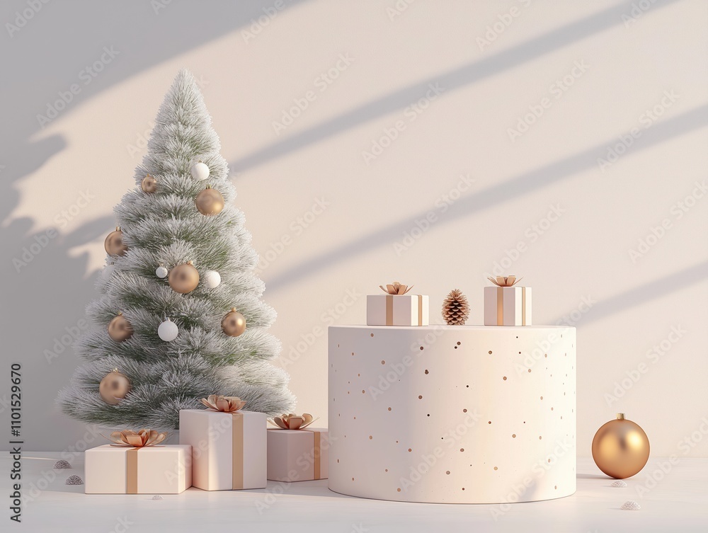 Poster christmas scene with tree and gifts on display platform. modern minimal design. soft lighting create