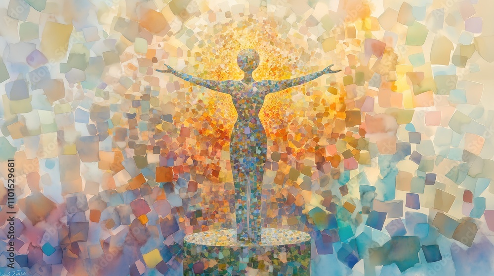 Poster silhouette of a person in colorful mosaic abstraction.