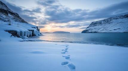 Fototapeta premium Tranquil Winter Landscape with Snowy Footprints Leading to a Serene Frozen Lake at Sunrise Surrounded by Rocky Cliffs and Icy Terrain in a Picturesque Alpine Scene