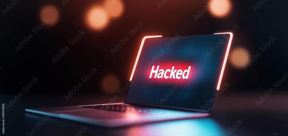 Poster sleek modern laptop displays bright hacked alert on its screen, emphasizing cybersecurity concerns i