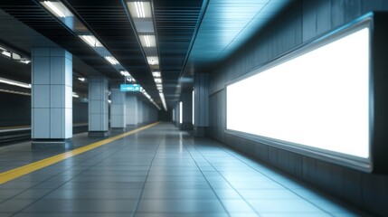 Empty Subway Platform with Blank Billboard Advertisement