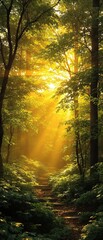 Obraz premium Golden hour light filtering through trees with a shimmering effect, natural beauty, forest atmosphere, shimmering leaves