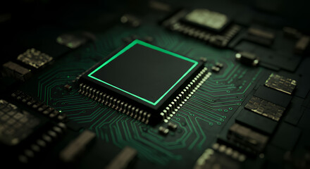 Close-Up of a Modern Microprocessor on a Circuit Board, High-Tech Technology Background
