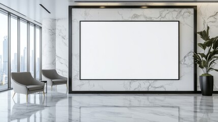 Modern Minimalist Lobby Interior with Large Blank Canvas and City View