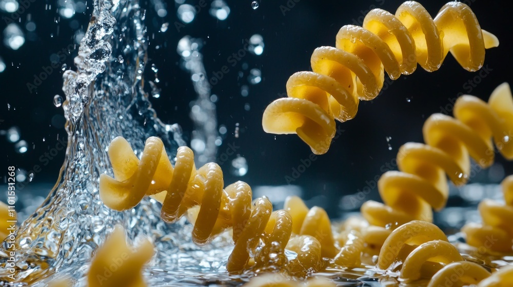 Poster spirals pasta are captured levitating water showcasing their distinct shape and texture as splashes 