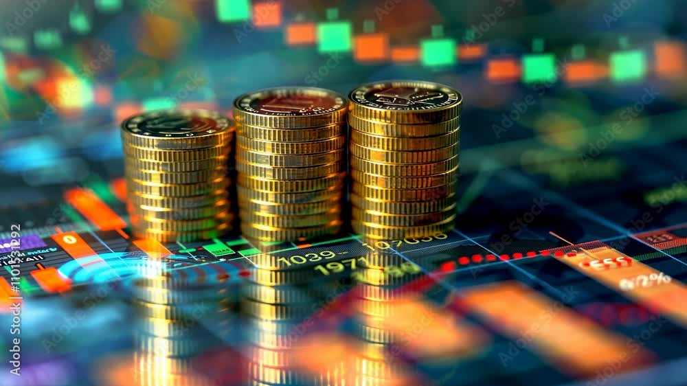 Poster currency stacked on a financial chart with colorful graphs representing market trends and cryptocurr