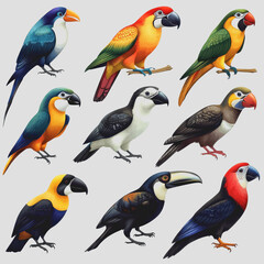 Obraz premium Vibrant Vector Illustrations of Various Tropical Birds Isolated on a White Background for Use in Design Projects and Digital Artwork