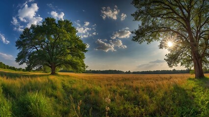 Obraz premium big trees and wide grass fields on a sunny day