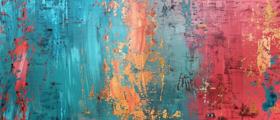 Obraz premium A colorful, abstract painting on canvas with vibrant blue, turquoise, red, and yellow hues, accented with gold. Varied paint strokes create depth and dimension. Weathered appearance adds character.