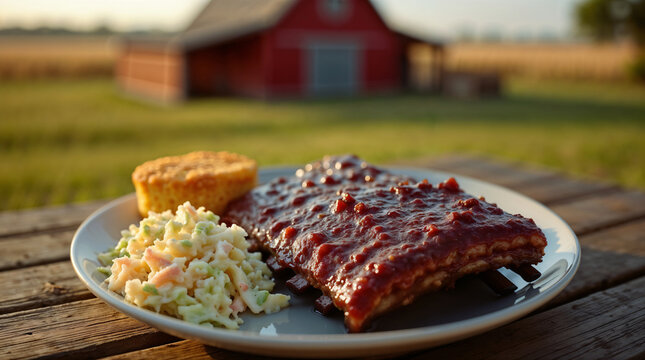 Costillas BBQ con ensalada de col y pan de ma&iacute;z en el campo de Estados Unidos.