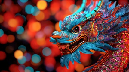 Colorful Dragon with Intricate Design Surrounded by Bokeh Background of Red and Blue Hues