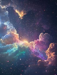 Obraz premium Iridescent rainbow hues and shimmering stardust in a celestial environment, cosmic clouds, abstract space art