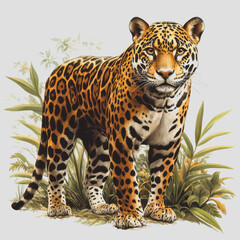 Obraz premium Detailed Vector Illustration of a Jaguar Surrounded by Lush Greenery on a Clean White Background for Wildlife Enthusiasts and Illustrators